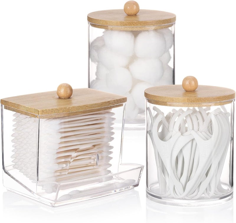 Tbestmax Qtips Dispenser Bathroom Container, 10/12 oz Cotton Ball Holder, Apothecary Jar Organizer for Storage Cotton Swab, Floss Picks (Bamboo Lids) - Image 1